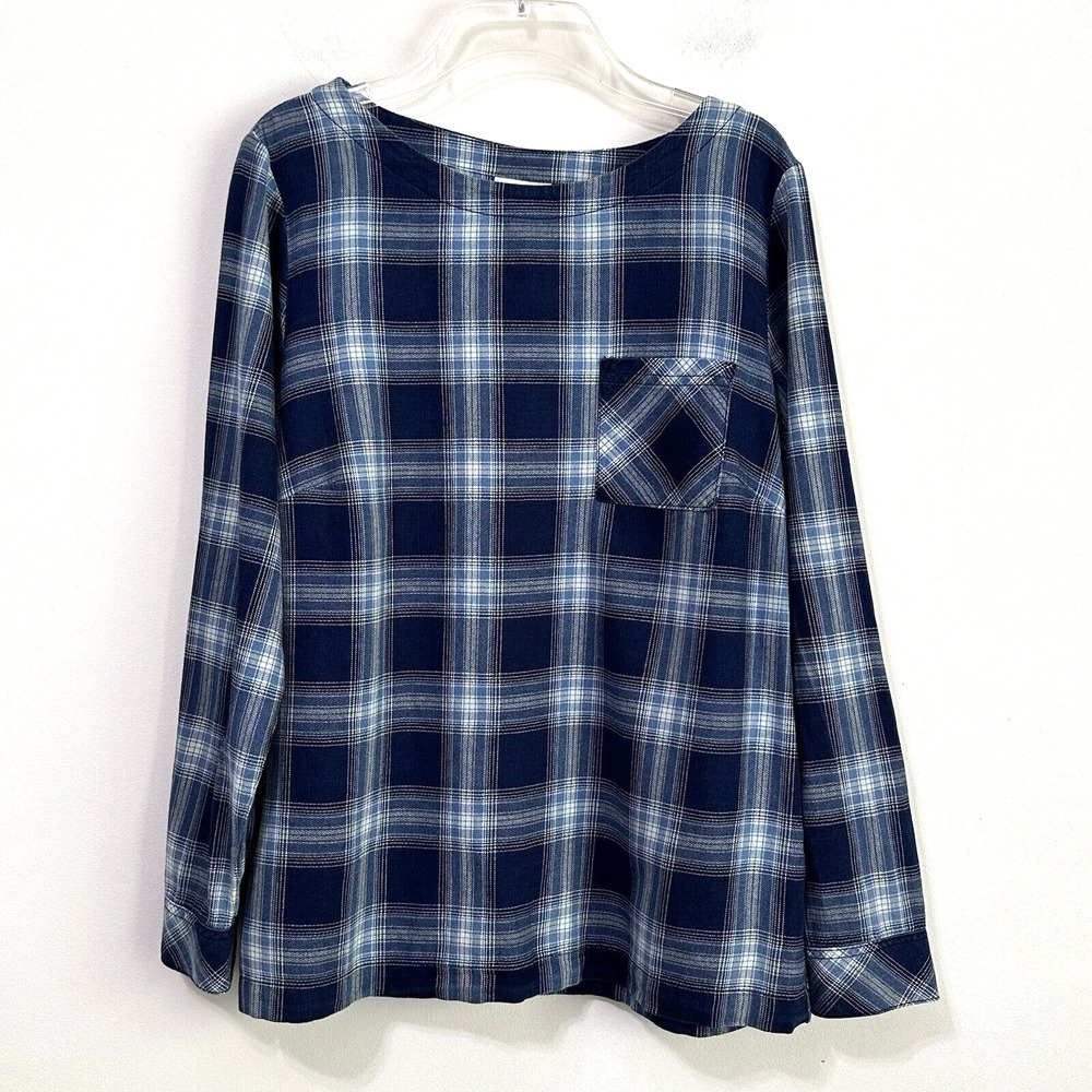 J Jill Indigo Blue Plaid Top M Popover Back Button Long Sleeve Pocket Shirt‎